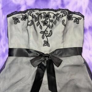 Davids Bridal black and white mesh overlay A line strapless dress